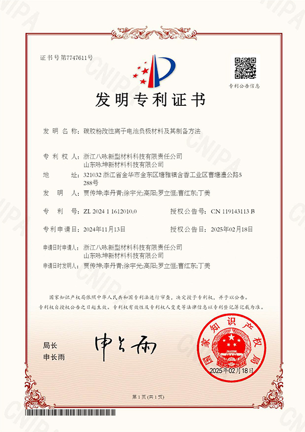 IP-XA01发明专利+碳胶粉改性离子电池负极材料及其制备方法专利证书